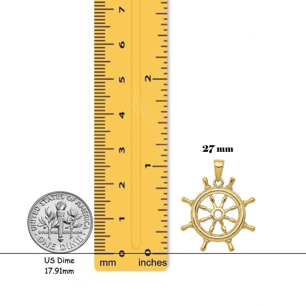 14K Yellow Gold or White Gold 3D Ships Wheel Pendant with Necklace Chain Options