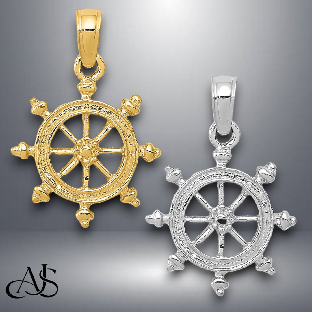 14K Yellow Gold or White Gold Ship Wheel Pendant with Necklace Chain Options