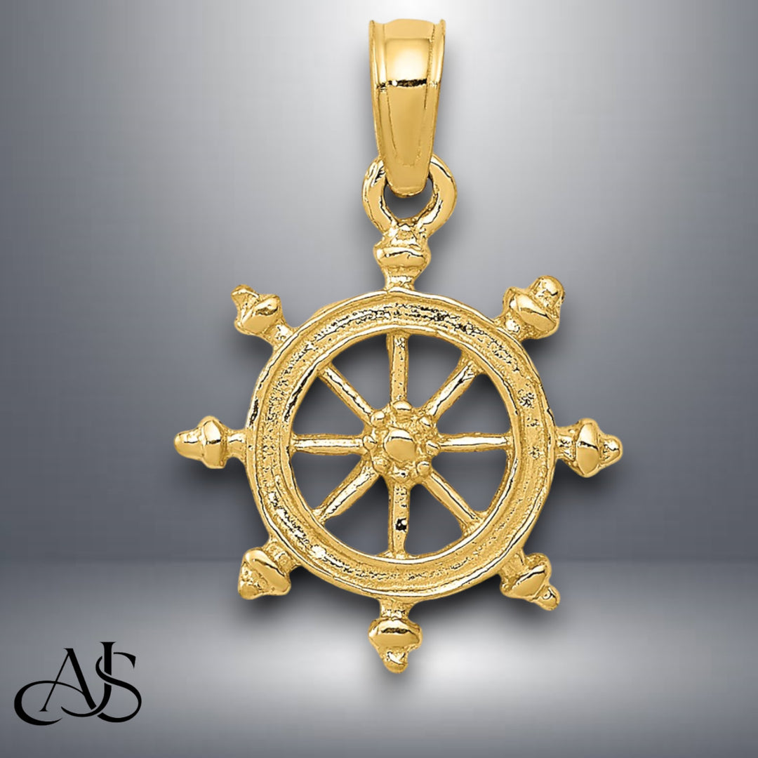 14K Yellow Gold or White Gold Ship Wheel Pendant with Necklace Chain Options