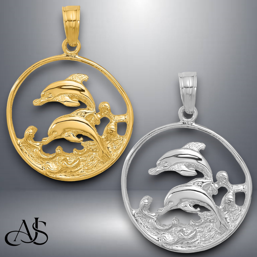 14K Yellow Gold or White Gold Double Dolphin Circle Pendant with Necklace Chain Options