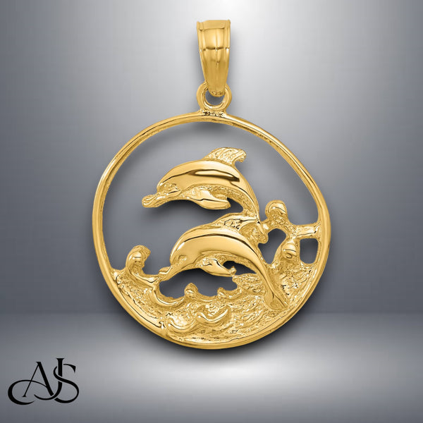 14K Yellow Gold or White Gold Double Dolphin Circle Pendant with Necklace Chain Options