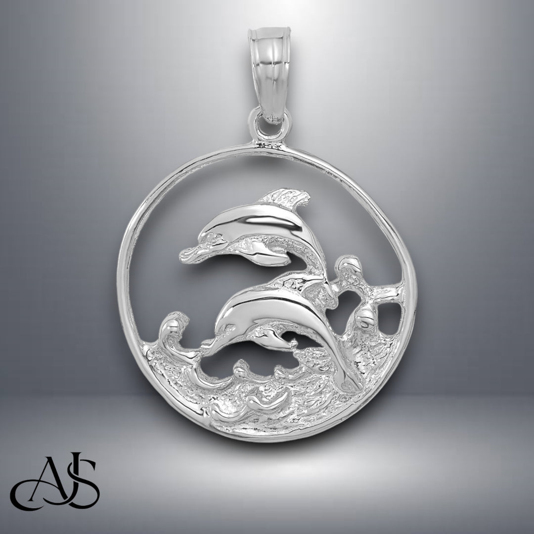 14K Yellow Gold or White Gold Double Dolphin Circle Pendant with Necklace Chain Options