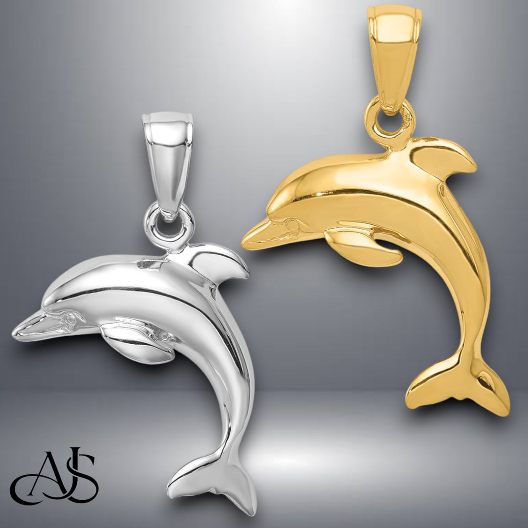 14K Yellow Gold or White Gold Jumping Dolphin Pendant with Necklace Chain Options