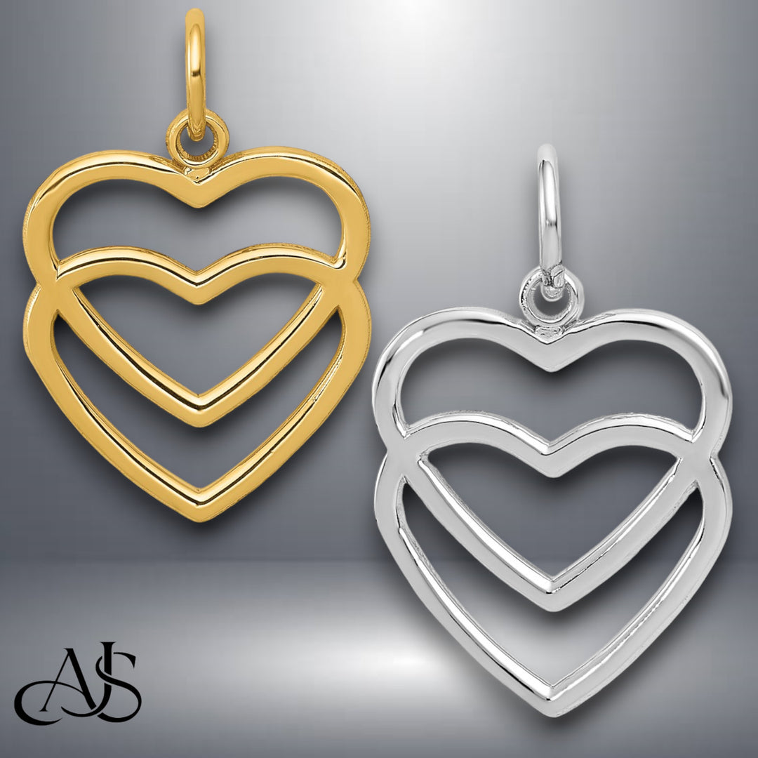 14K Yellow Gold or White Gold Polished Double Heart Pendant with Necklace Chain Options