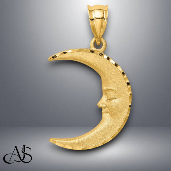 14K Yellow Gold or White Gold Satin Diamond-cut Moon Pendant with Necklace Chain Options