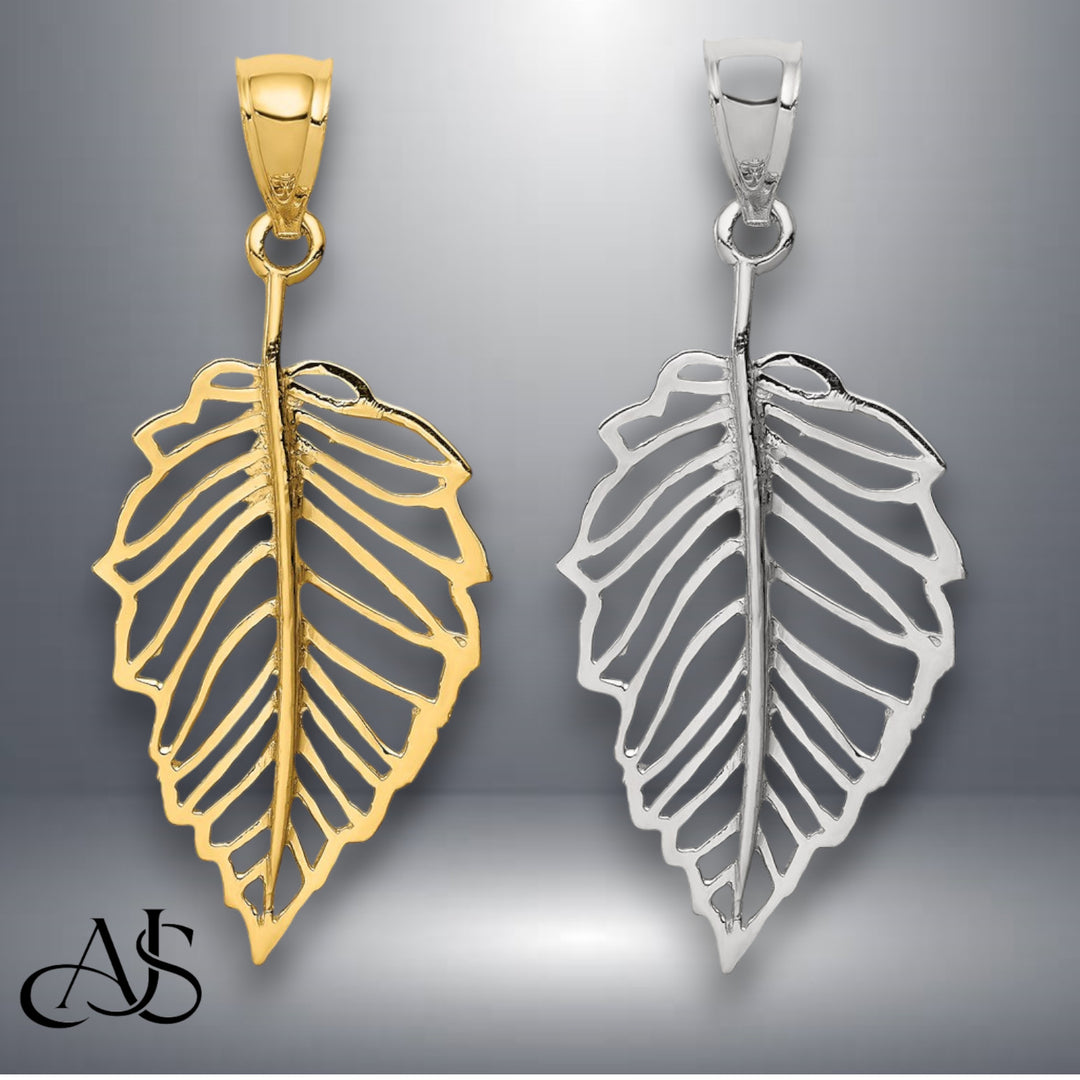 14K Yellow Gold or White Gold Polished Leaf Pendant with Necklace Chain Options
