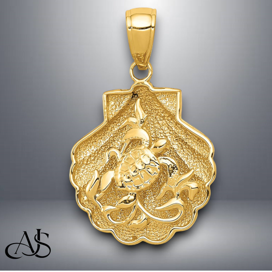 14K Yellow Gold Sea Turtle / Seashore in a Shell Pendant with Necklace Chain Options