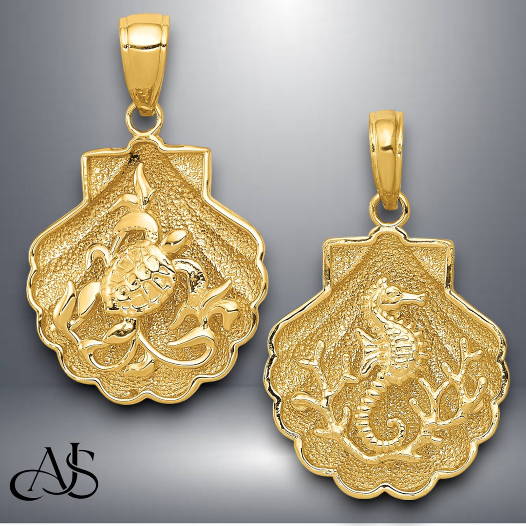 14K Yellow Gold Sea Turtle / Seashore in a Shell Pendant with Necklace Chain Options