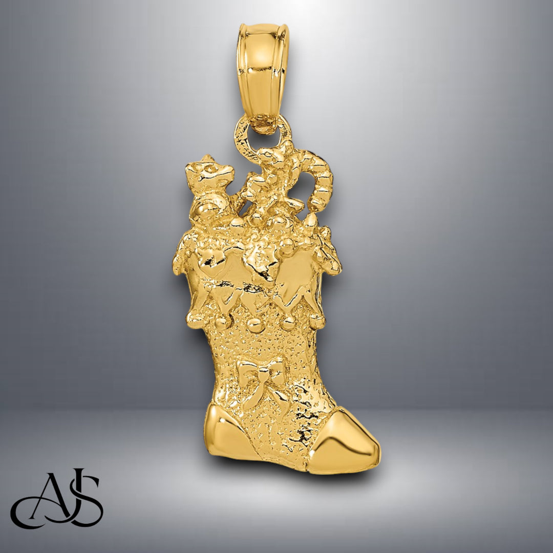 14K Yellow Gold Solid Polished 3D Christmas Stocking Charm with Necklace Chain Options