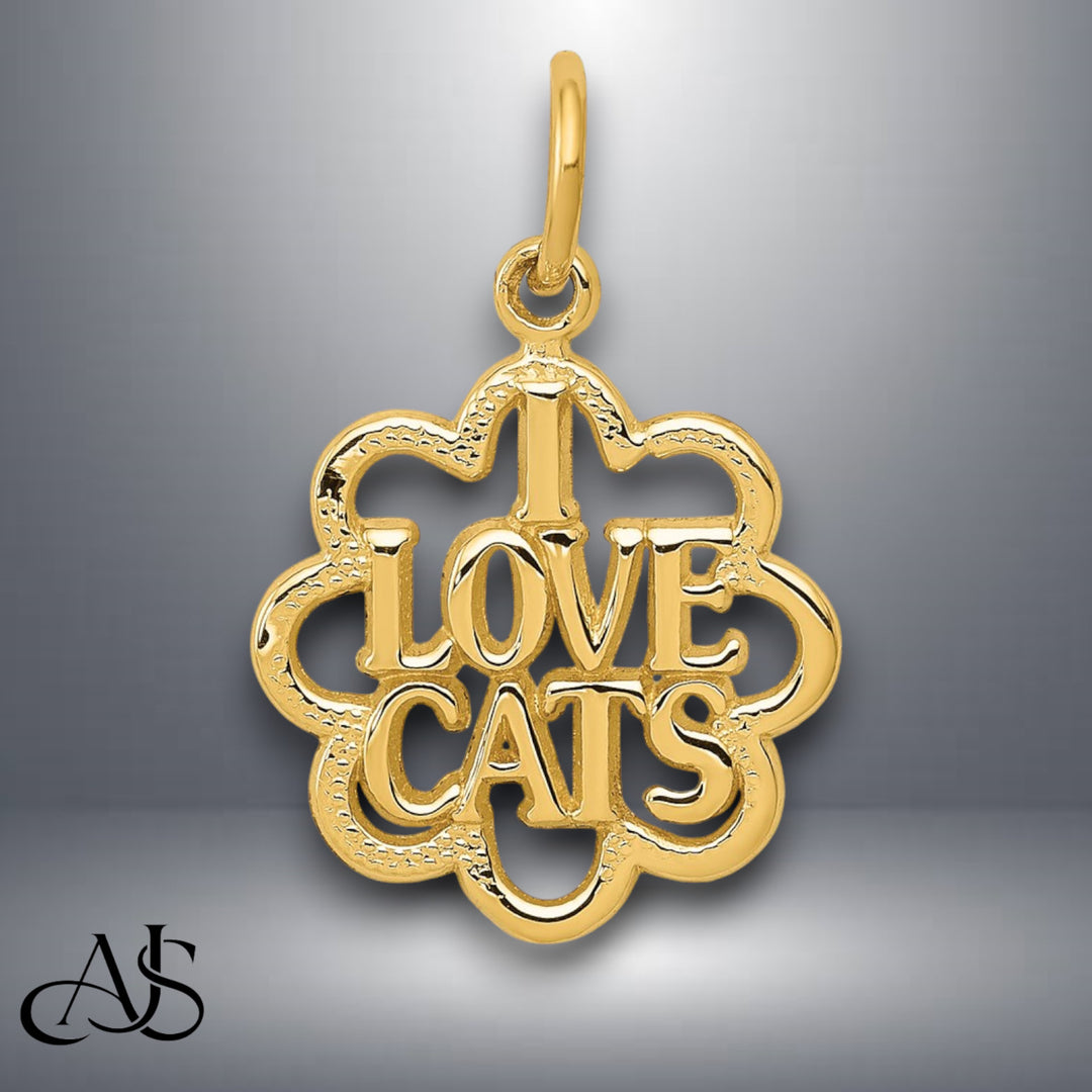 14K Yellow Gold I LOVE CATS Charm with Necklace Chain Options
