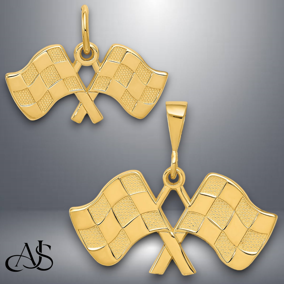 14K Yellow Gold Racing Flags Charm with Necklace Chain Options