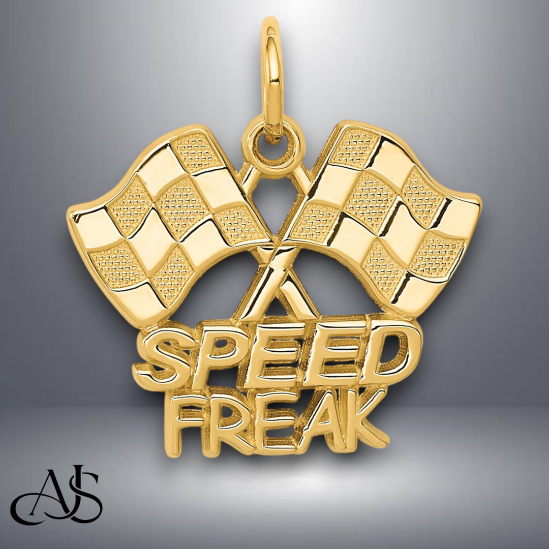 14K Yellow Gold Racing Flags SPEED FREAK Charm with Necklace Chain Options