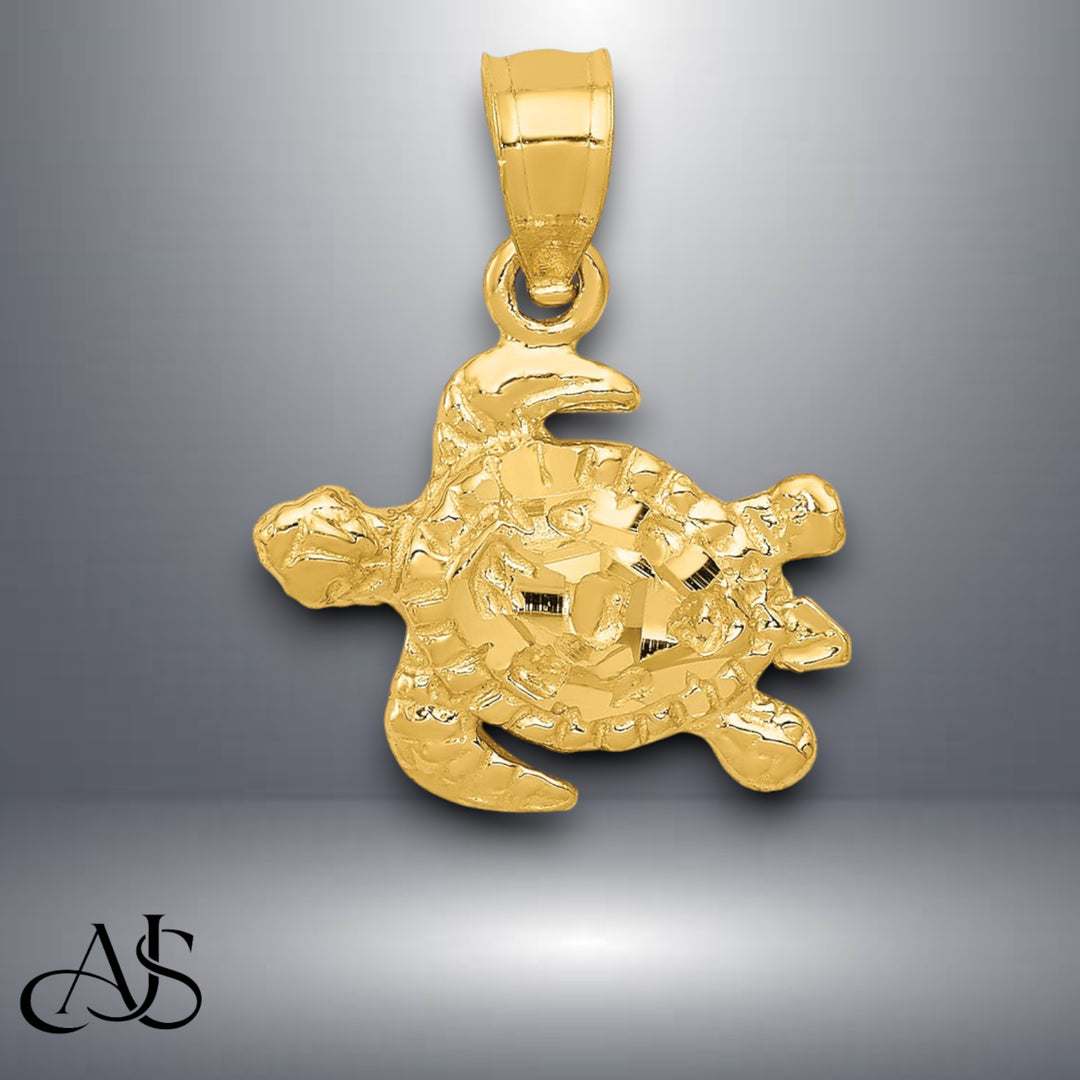 14K Yellow Gold Solid Turtle Pendant with Necklace Chain Options