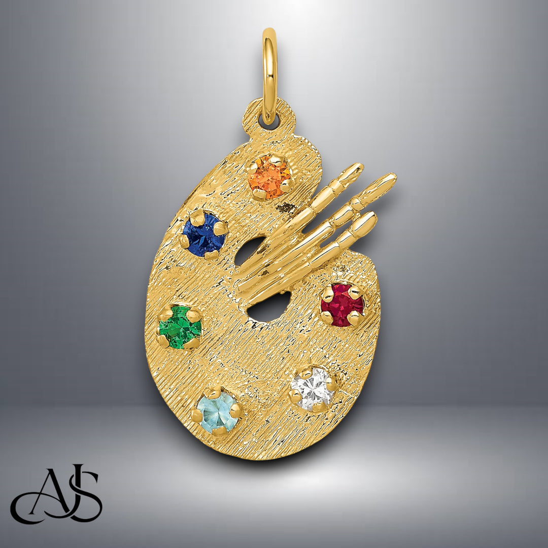 14K Yellow Gold CZ Stones Artist Palette Charm with Necklace Chain Options