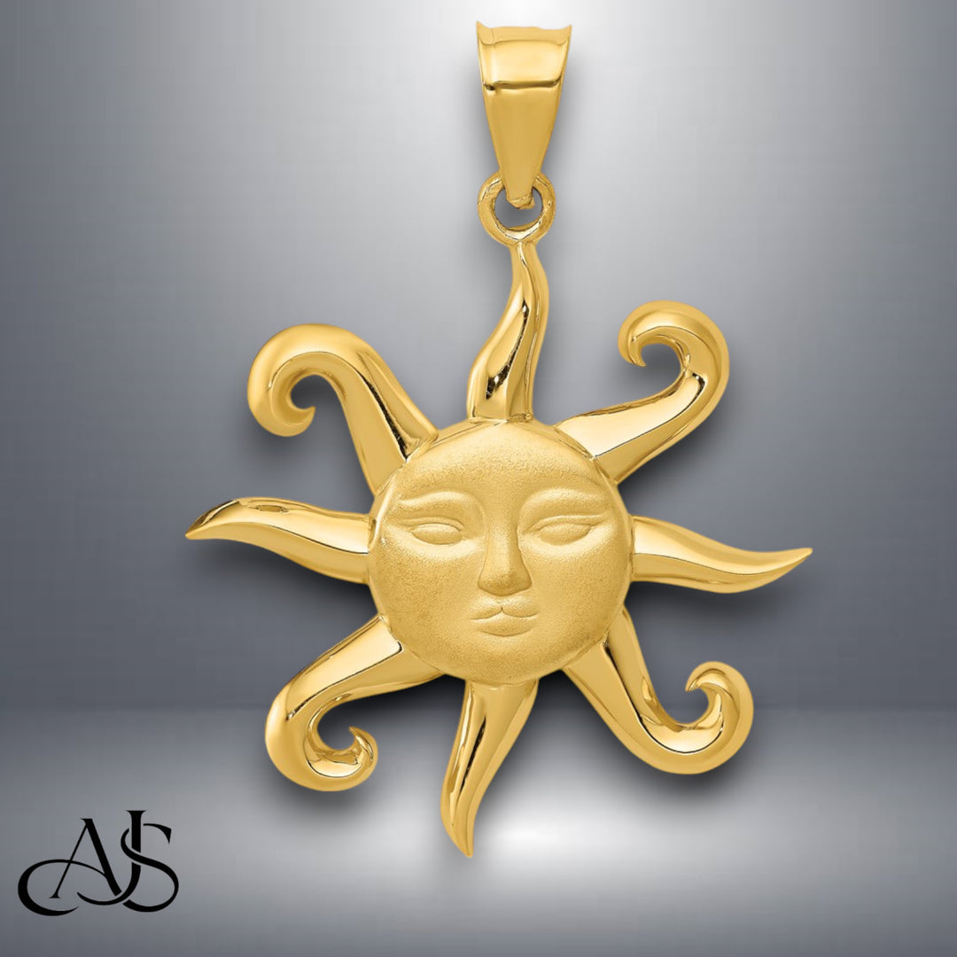 14K Yellow Gold Satin and Polished Sun Pendant with Necklace Chain Options