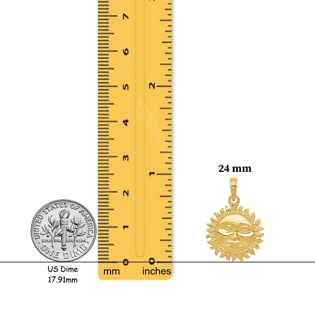 14K Yellow Gold Solid Polished Reversible Sun Pendant with Necklace Chain Options
