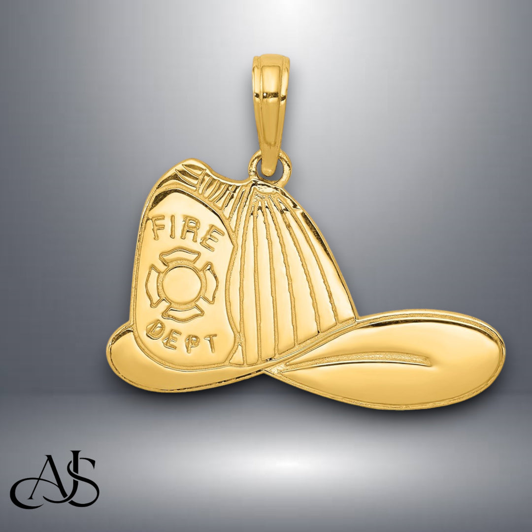 14K Yellow Gold Large Firefighter Hat Pendant with Necklace Chain Options