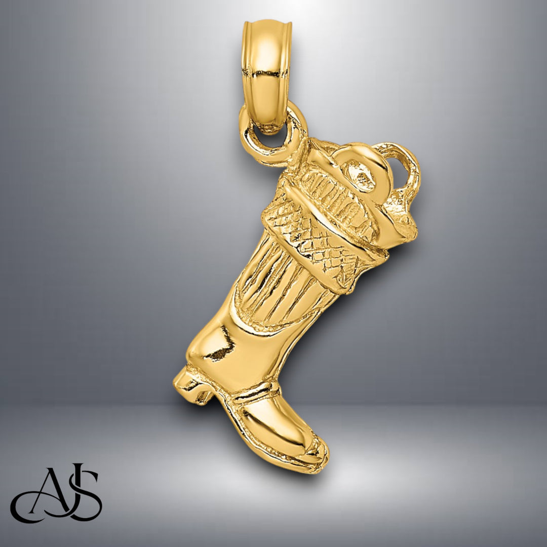 14K Yellow Gold 3-D Firefighter Boot Charm with Necklace Chain Options
