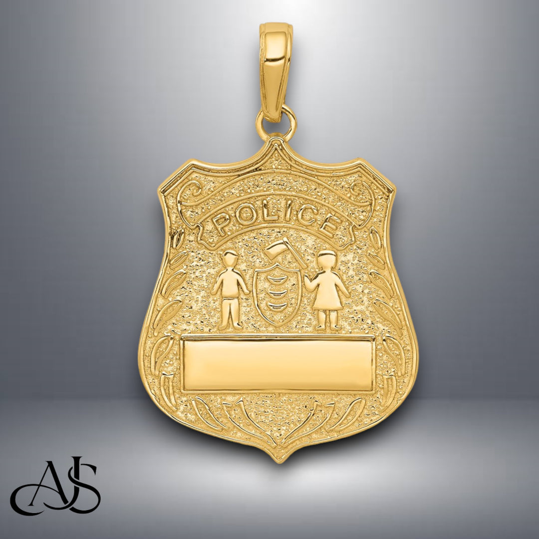 14K Yellow Gold Large Police Badge Pendant with Necklace Chain Options