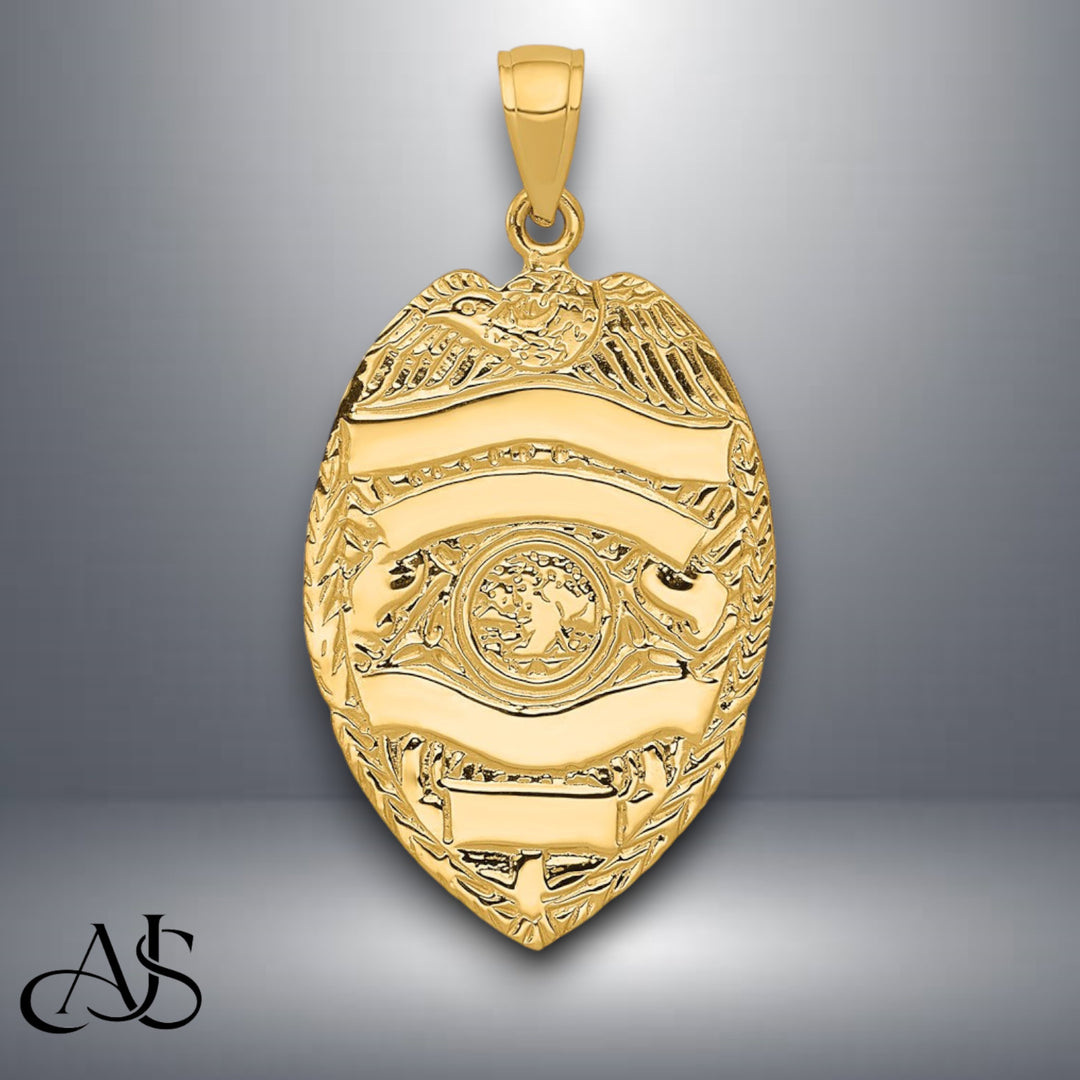 14K Yellow Gold Large Badge Pendant with Necklace Chain Options