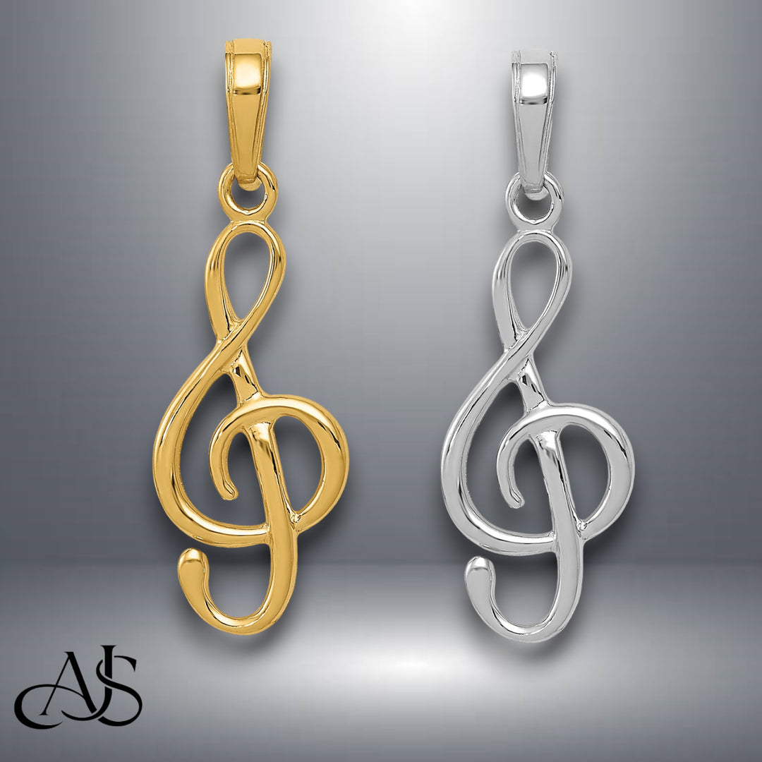 14K Yellow Gold or White Gold 3-D Clef Treble Clef Pendant with Necklace Chain Options