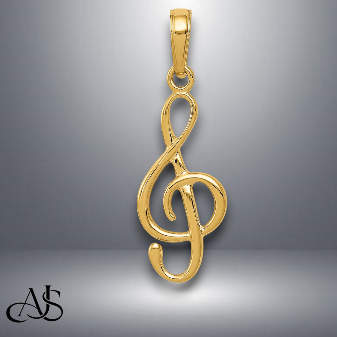 14K Yellow Gold or White Gold 3-D Clef Treble Clef Pendant with Necklace Chain Options