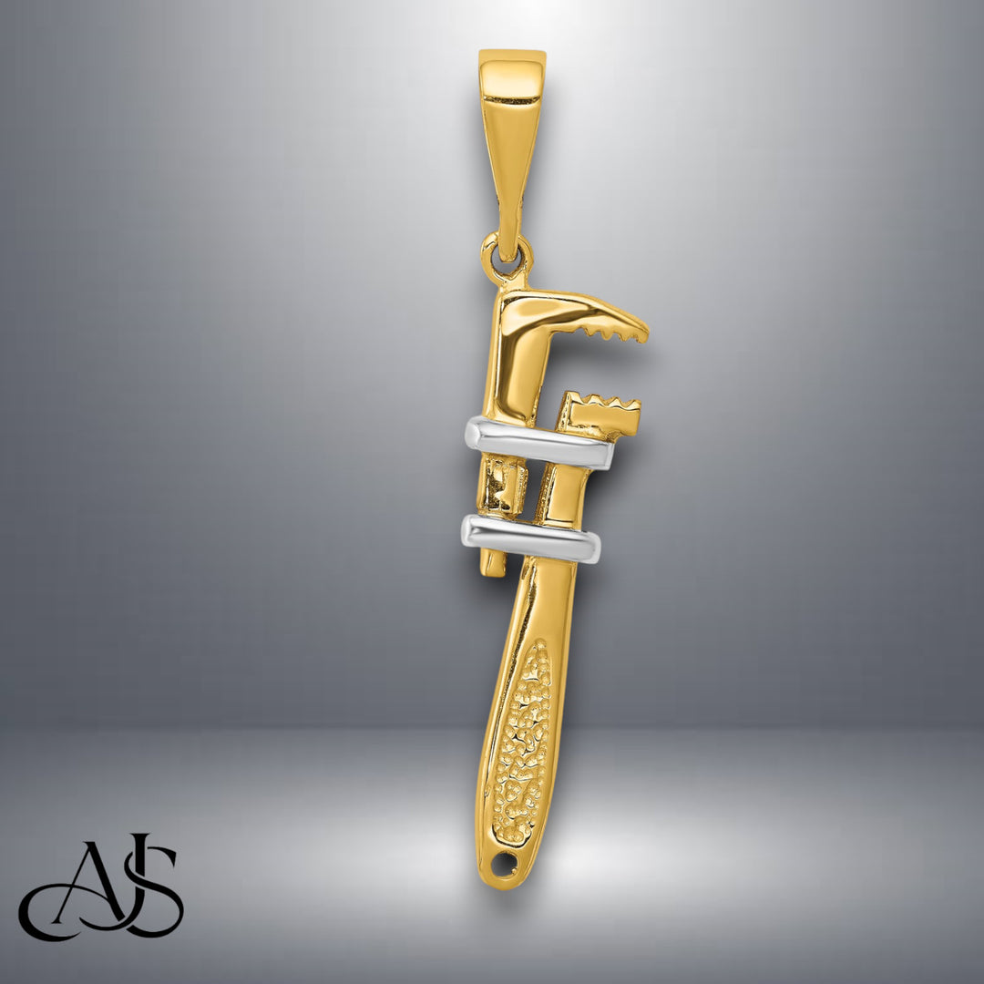 14K Yellow Gold w/Rhodium 3-D Pipe Wrench Charm with Necklace Chain Options