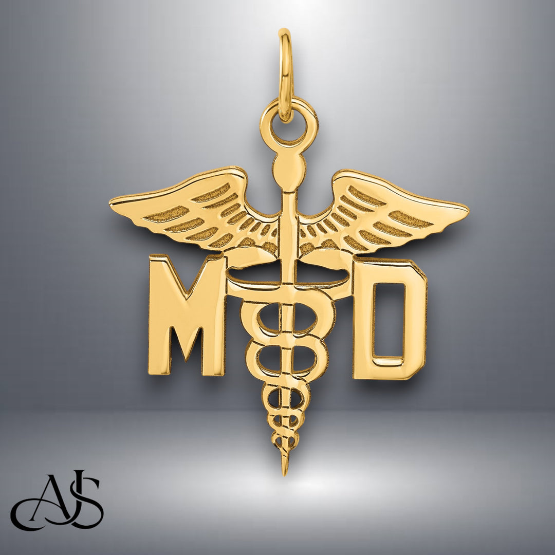 14K Yellow Gold Large M.D. Caduceus Charm with Necklace Chain Options