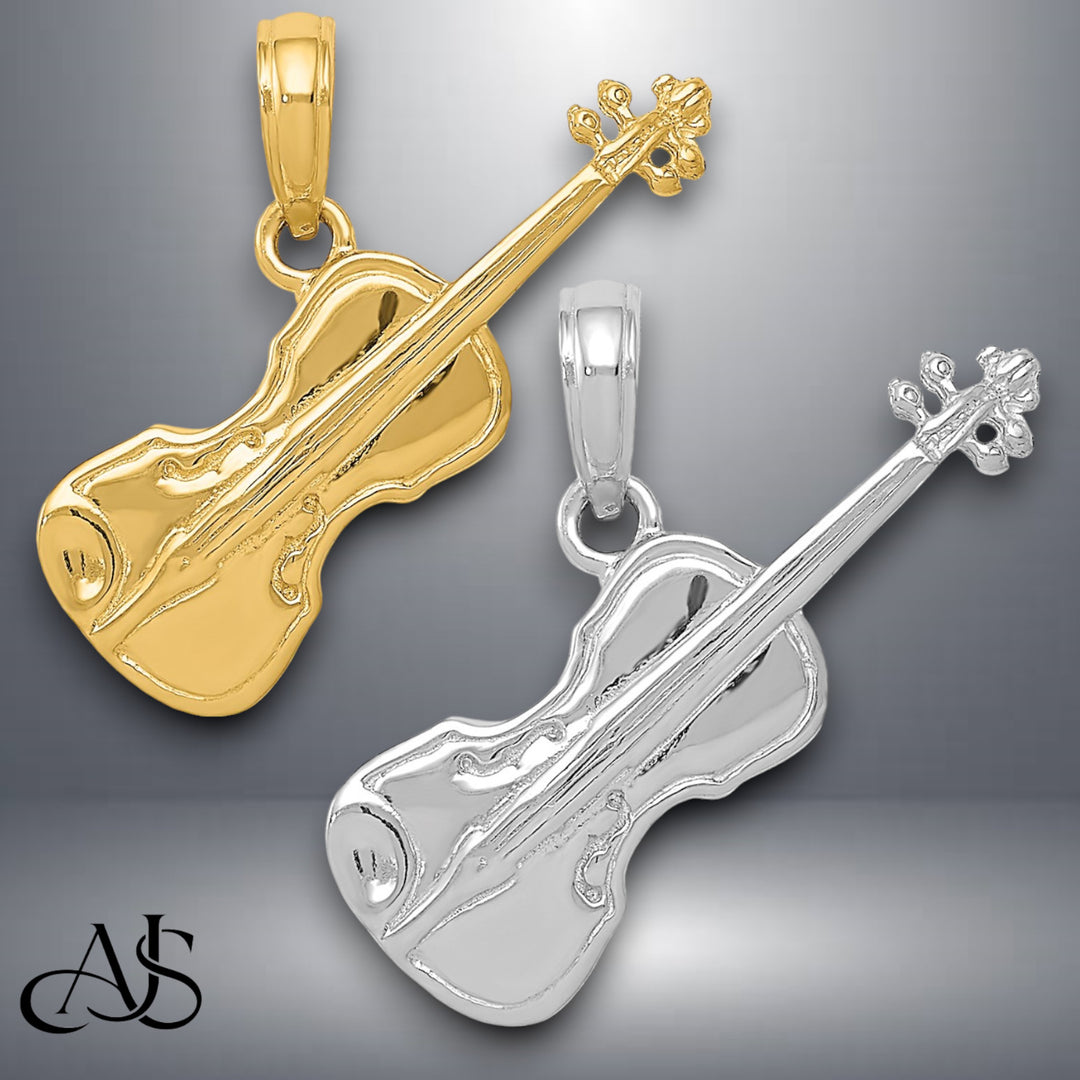 14K Yellow Gold or White Gold Polished Solid 3-D Violin Pendant with Necklace Chain Options