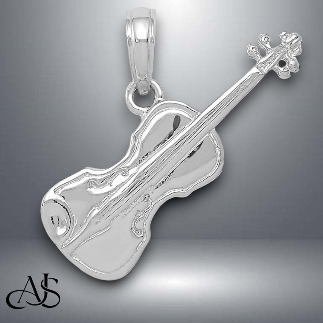 14K Yellow Gold or White Gold Polished Solid 3-D Violin Pendant with Necklace Chain Options