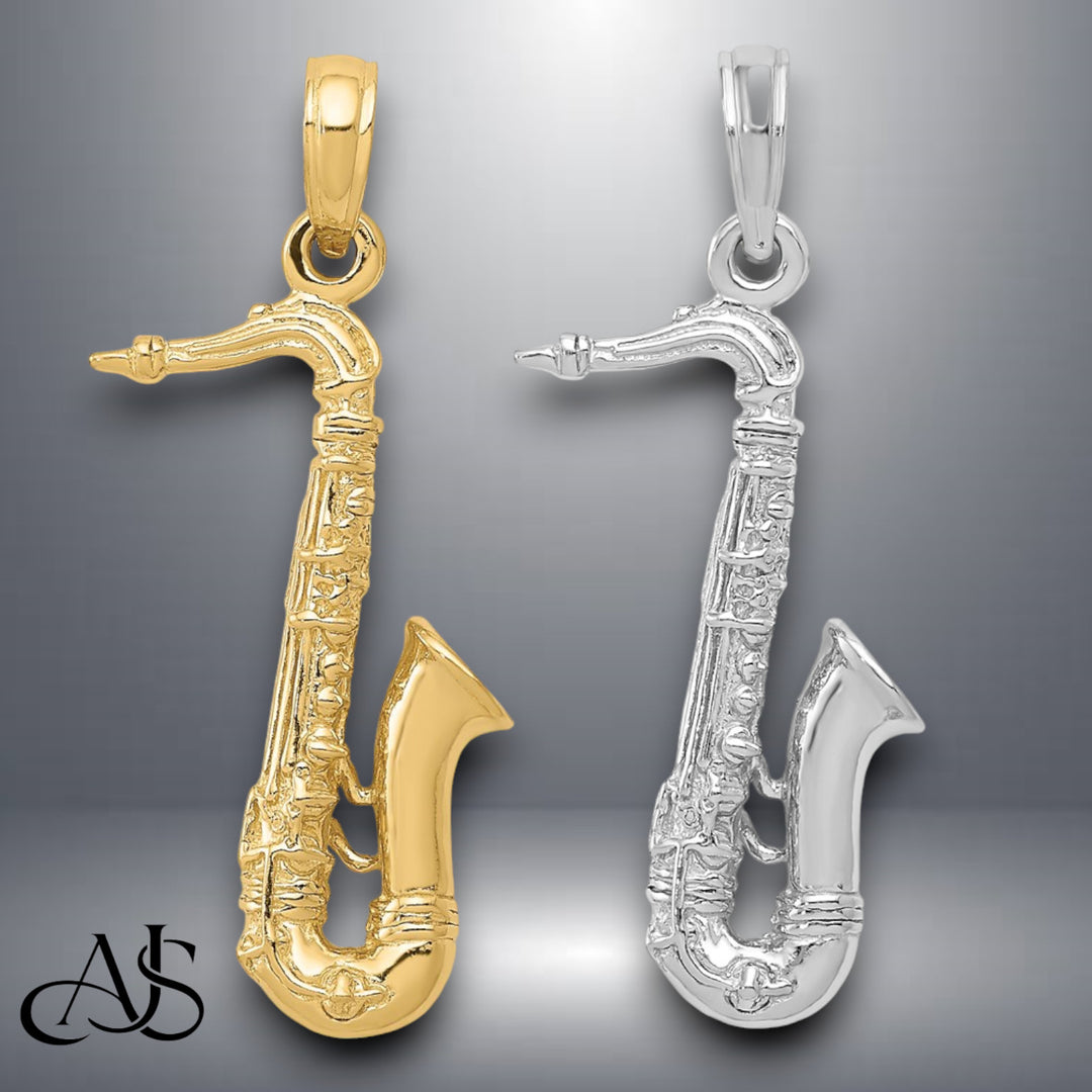 14K Yellow Gold or White Gold Solid Polished 3-D Saxophone Charm with Necklace Chain Options