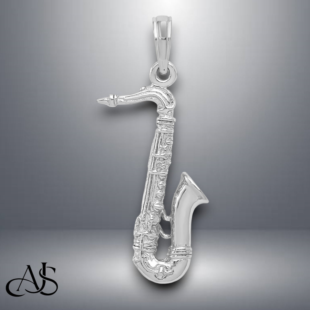 14K Yellow Gold or White Gold Solid Polished 3-D Saxophone Charm with Necklace Chain Options