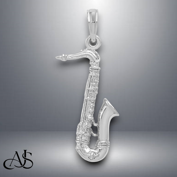 14K Yellow Gold or White Gold Solid Polished 3-D Saxophone Charm with Necklace Chain Options