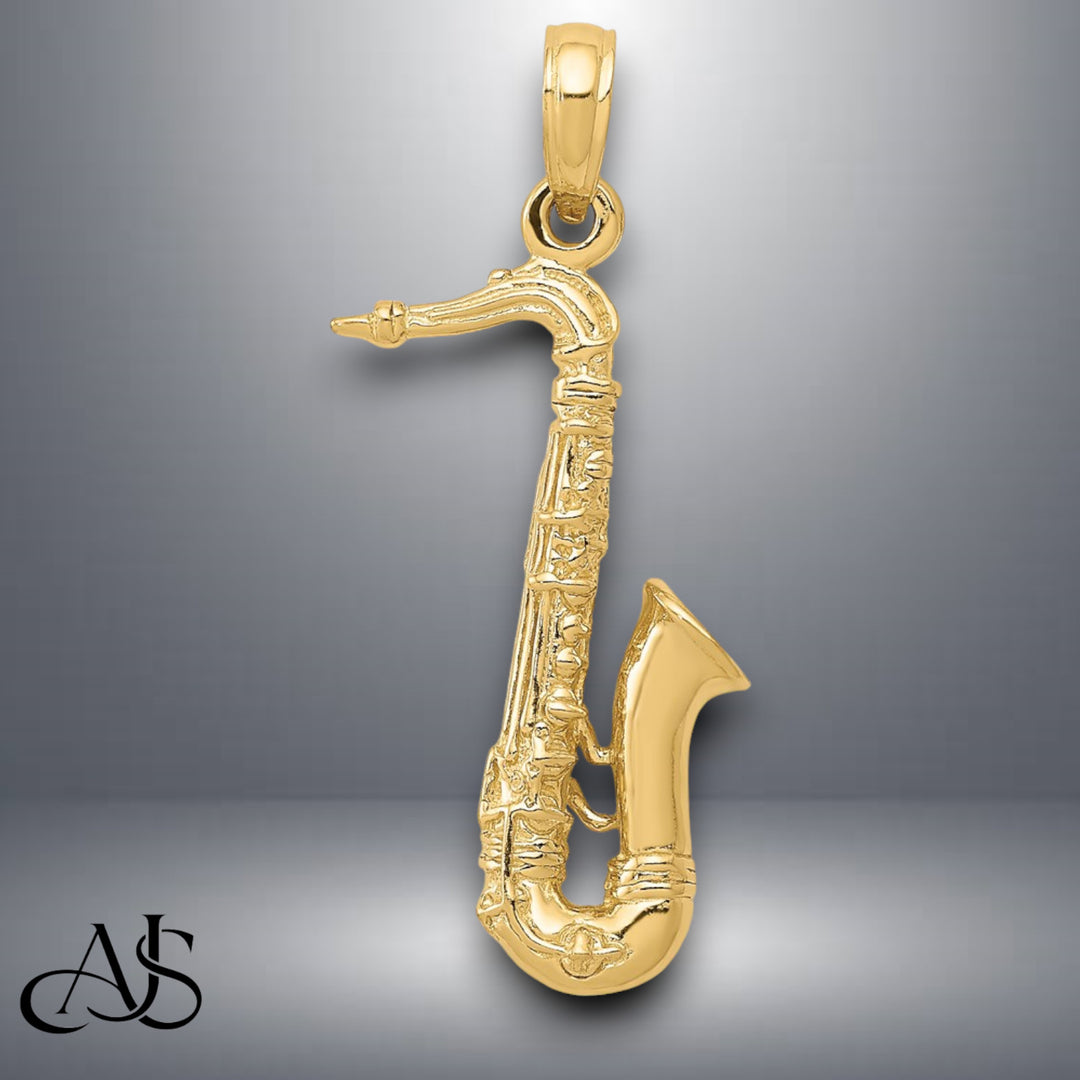 14K Yellow Gold or White Gold Solid Polished 3-D Saxophone Charm with Necklace Chain Options