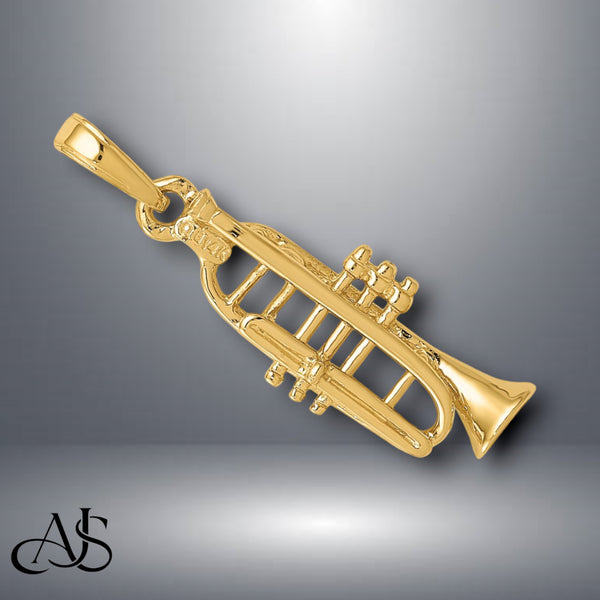 14K Yellow Gold or White Gold Solid Polished 3-D Trumpet Pendant with Necklace Chain Options