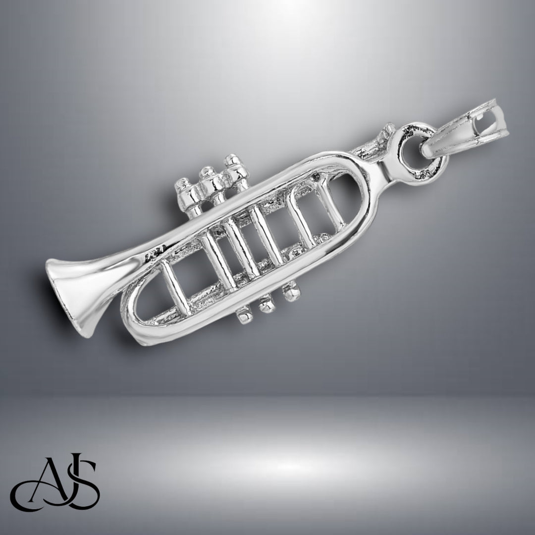 14K Yellow Gold or White Gold Solid Polished 3-D Trumpet Pendant with Necklace Chain Options