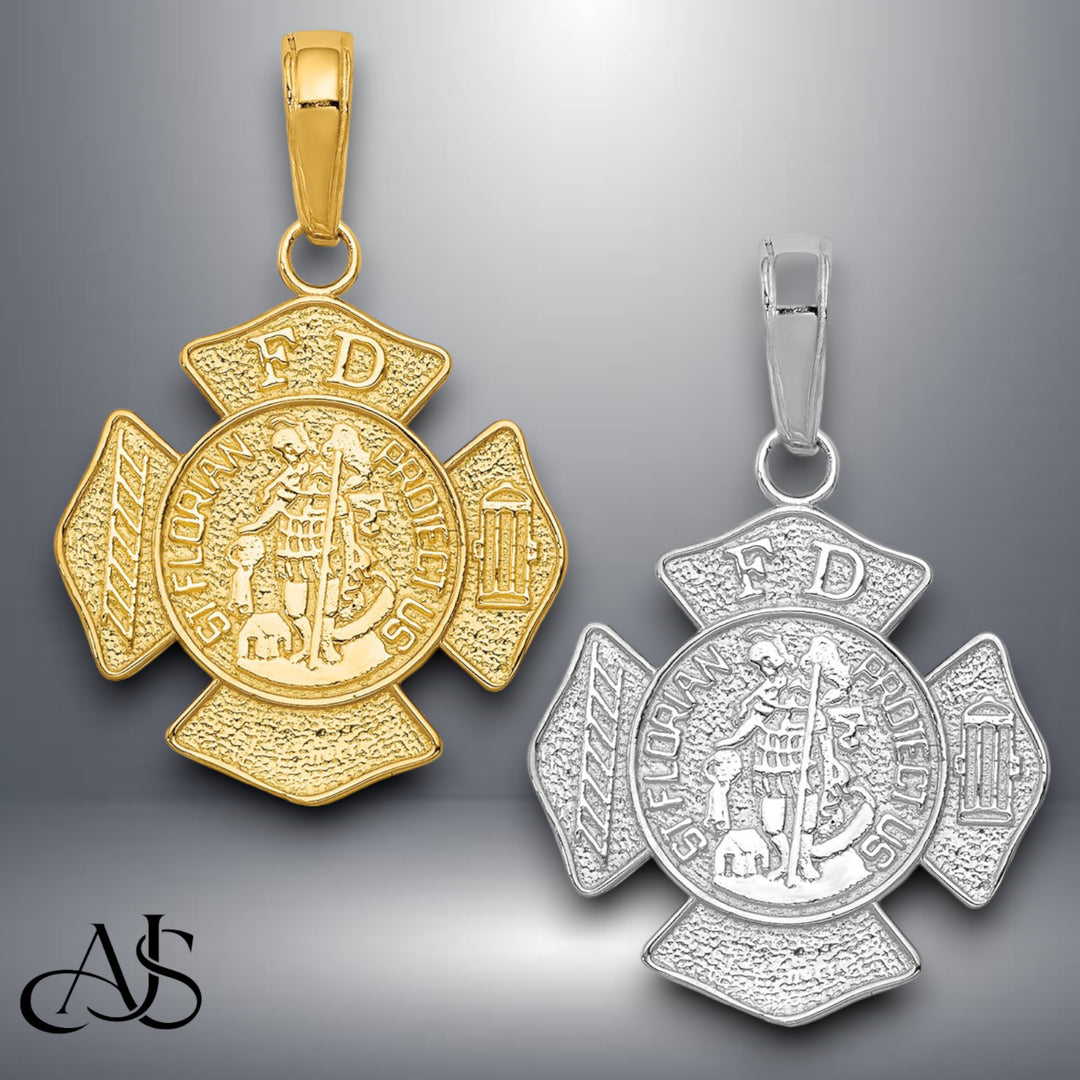 14K Yellow Gold or White Gold Small St. Florian Badge Pendant with Necklace Chain Options