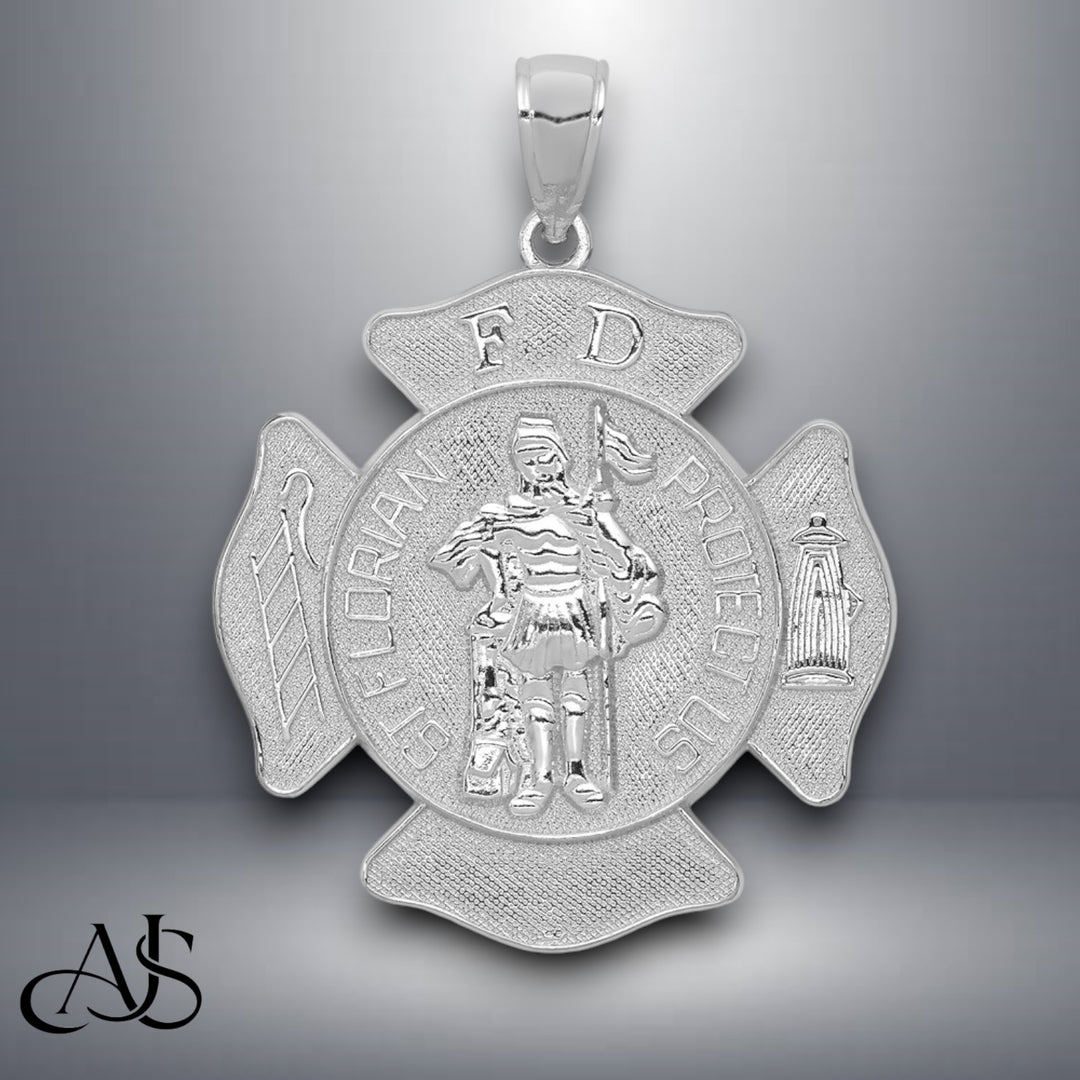 14K Yellow Gold or White Gold Large FD St. Florian Badge Pendant with Necklace Chain Options