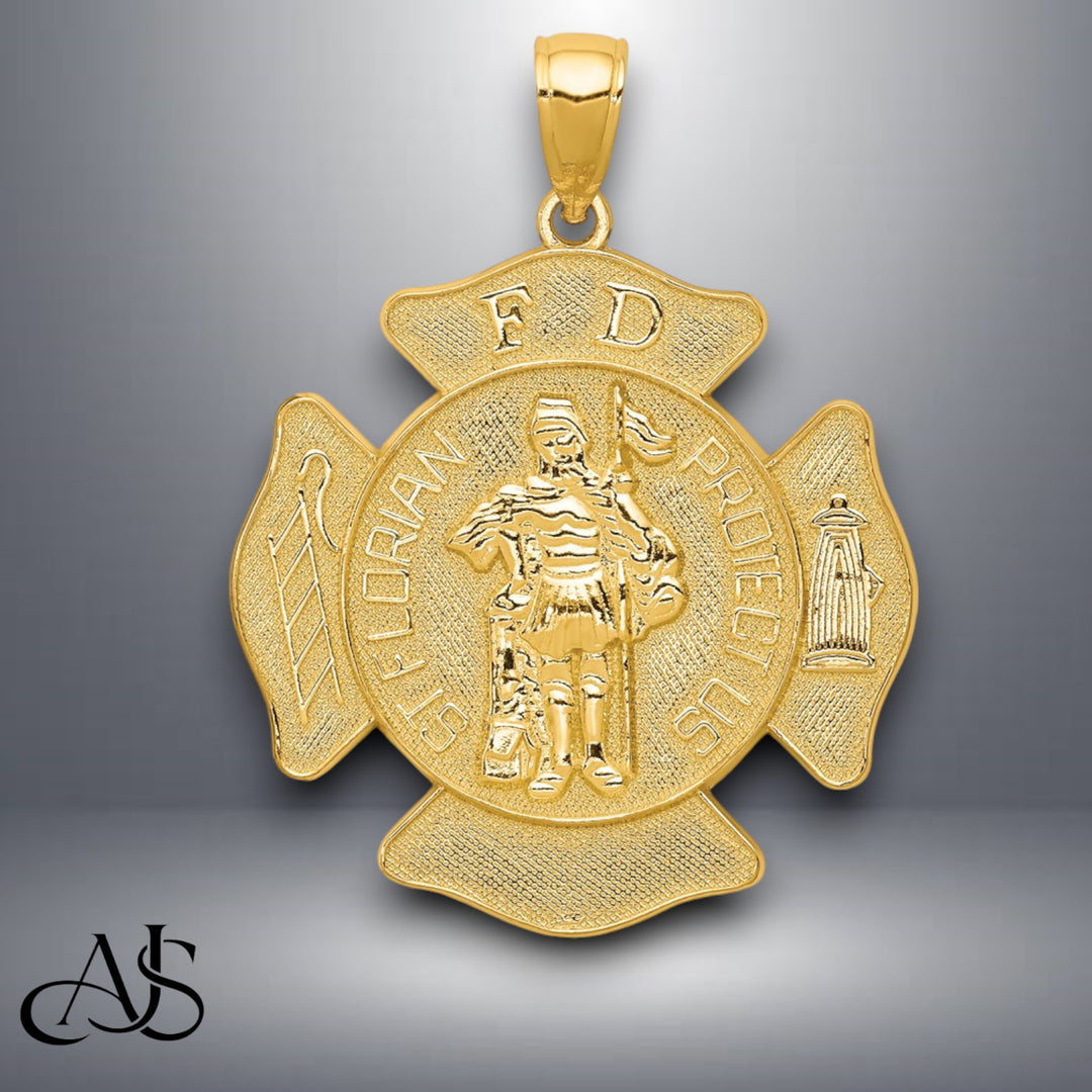 14K Yellow Gold or White Gold Large FD St. Florian Badge Pendant with Necklace Chain Options