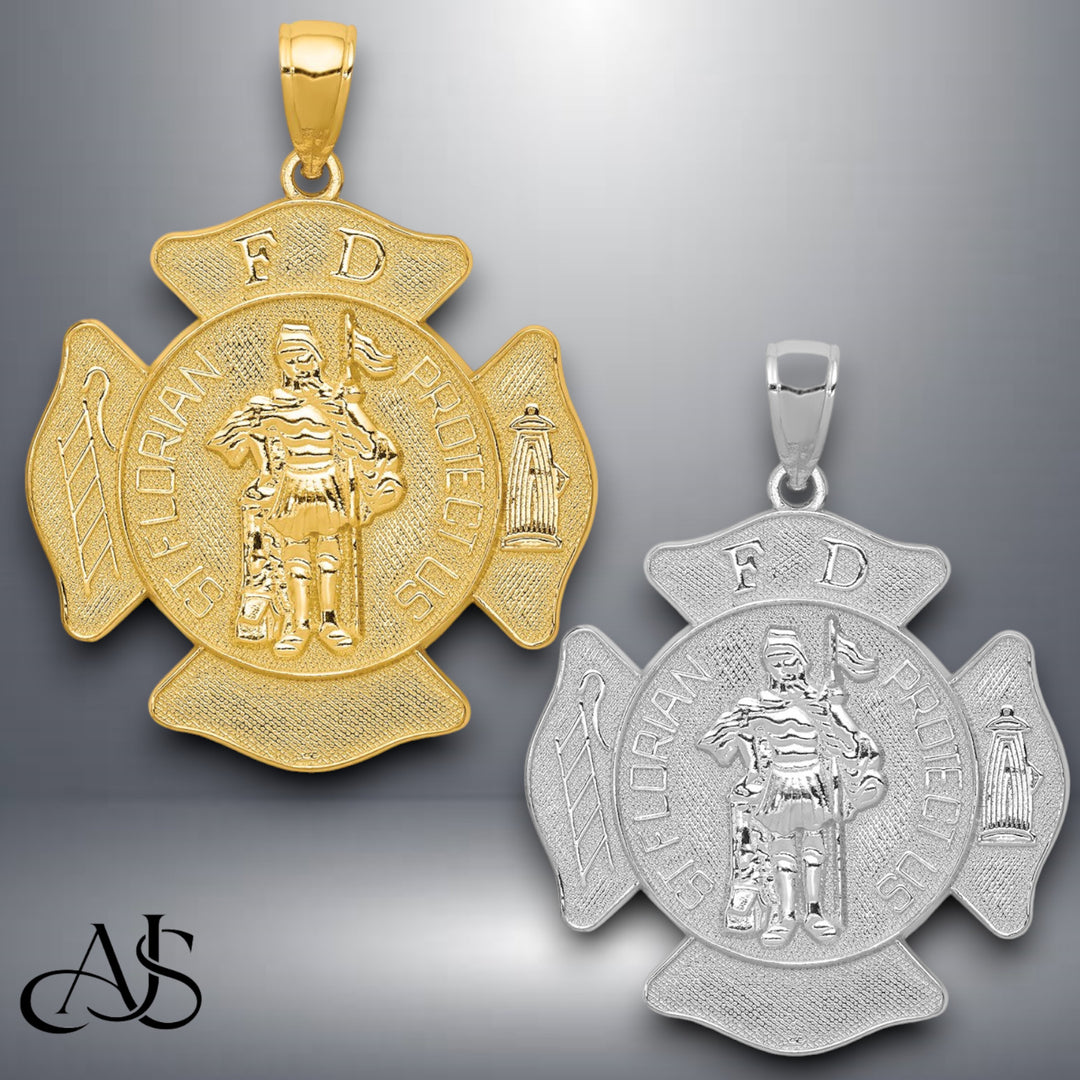 14K Yellow Gold or White Gold Large FD St. Florian Badge Pendant with Necklace Chain Options