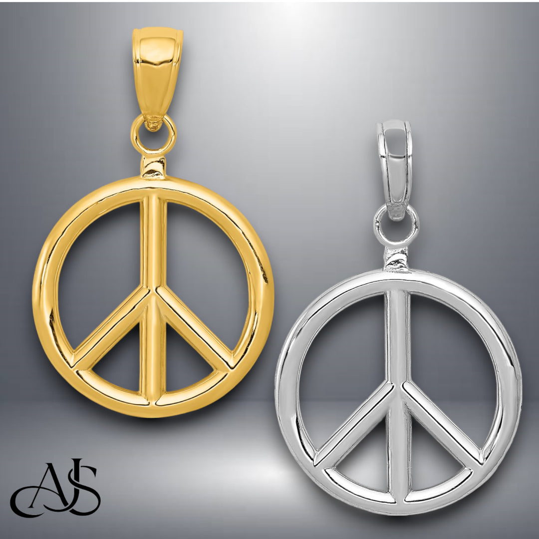 14K Yellow Gold or White Gold 3D Polished Peace Sign Charm with Necklace Chain Options