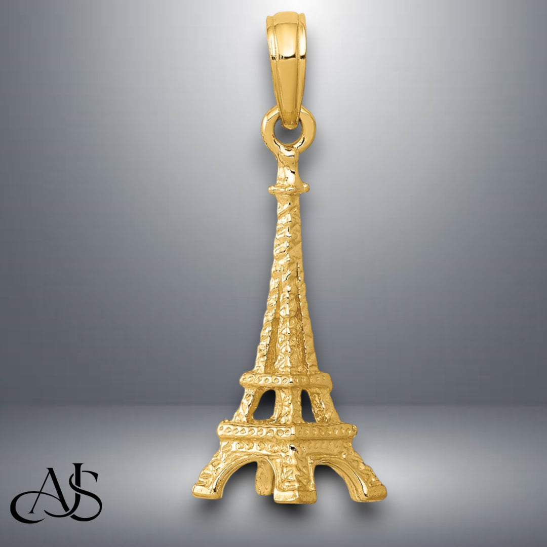 14K Yellow Gold or White Gold Solid Polished 3-D Eiffel Tower Charm with Necklace Chain Options