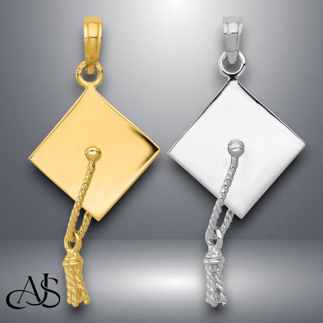 14K Yellow Gold or White Gold Solid Polished 3-D Graduation Cap Pendant with Necklace Chain Options