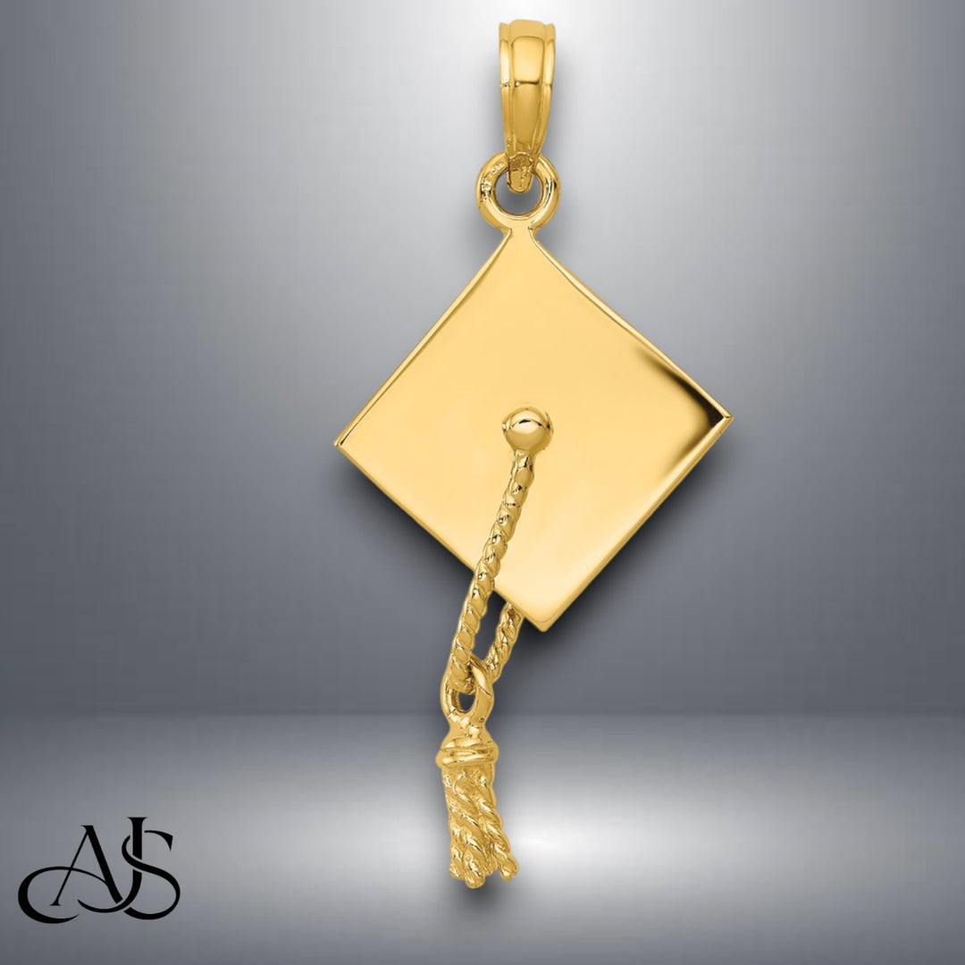 14K Yellow Gold or White Gold Solid Polished 3-D Graduation Cap Pendant with Necklace Chain Options