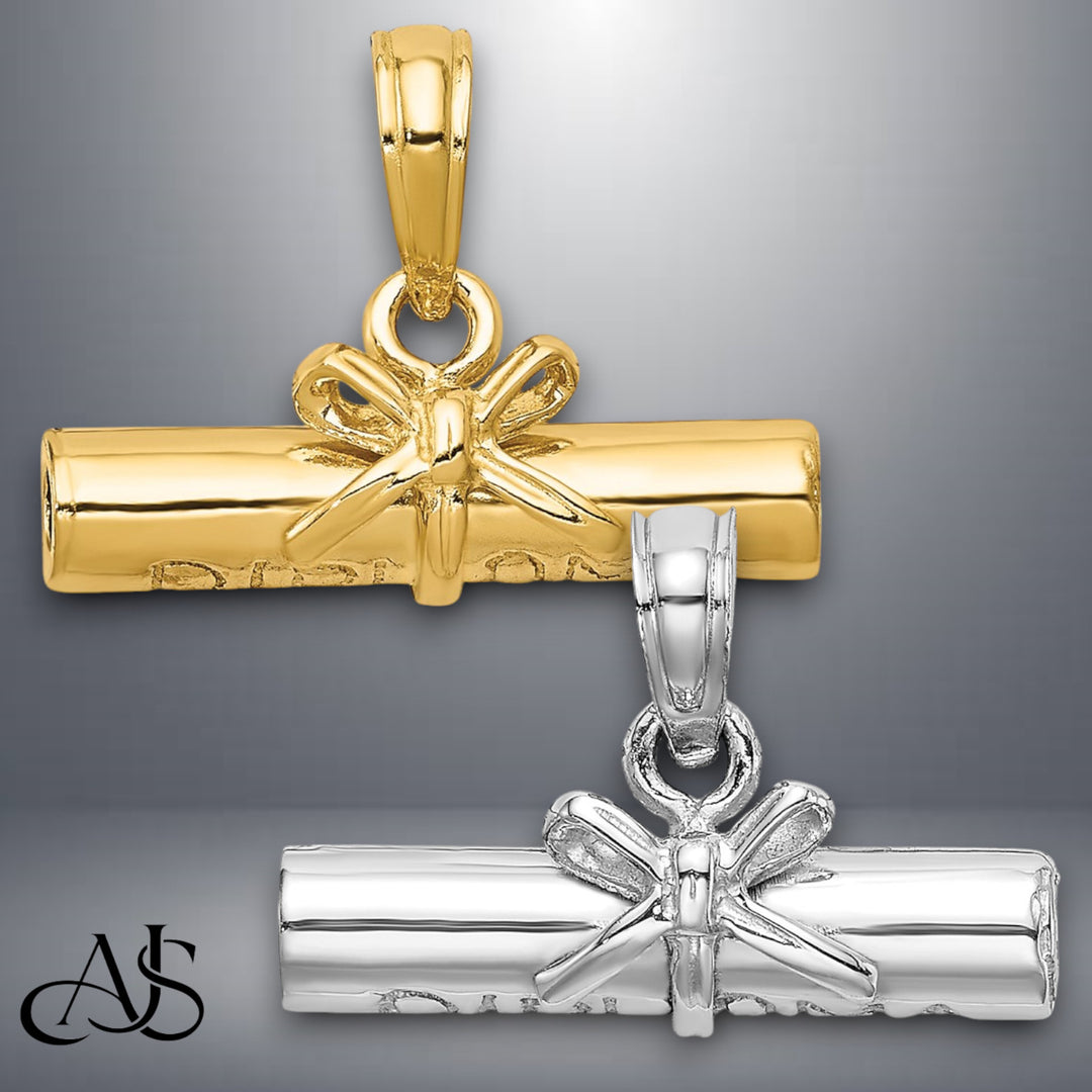 14K Yellow Gold or White Gold 3D Hollow Polished DIPLOMA Pendant with Necklace Chain Options