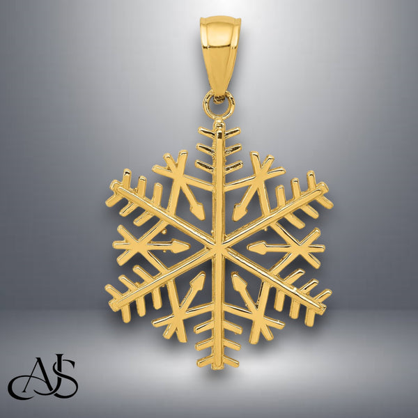 14K Yellow Gold or White Gold Polished Snowflake Pendant with Necklace Chain Options