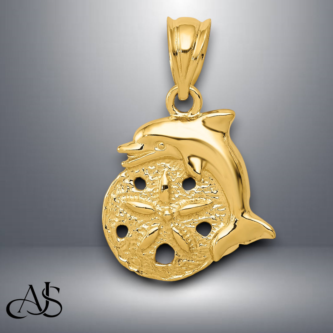 14K Yellow Gold Dolphin and Sanddollar Charm with Necklace Chain Options