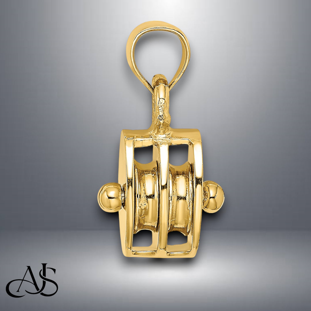 14K Yellow Gold Polished 3-D Moveable Pulley Charm with Necklace Chain Options