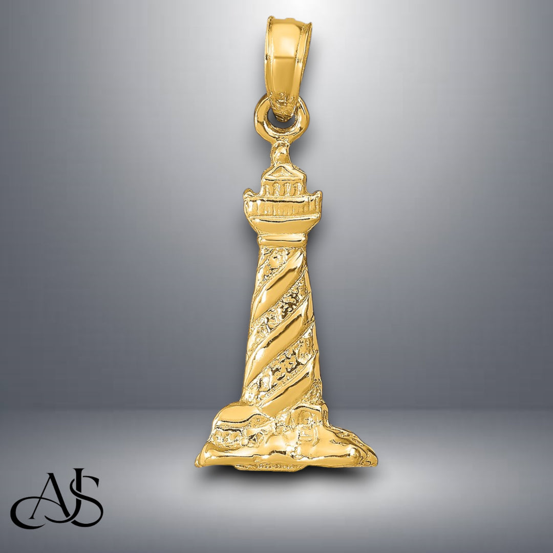 14K Yellow Gold 3D St. Augustine Lighthouse Pendant with Necklace Chain Options