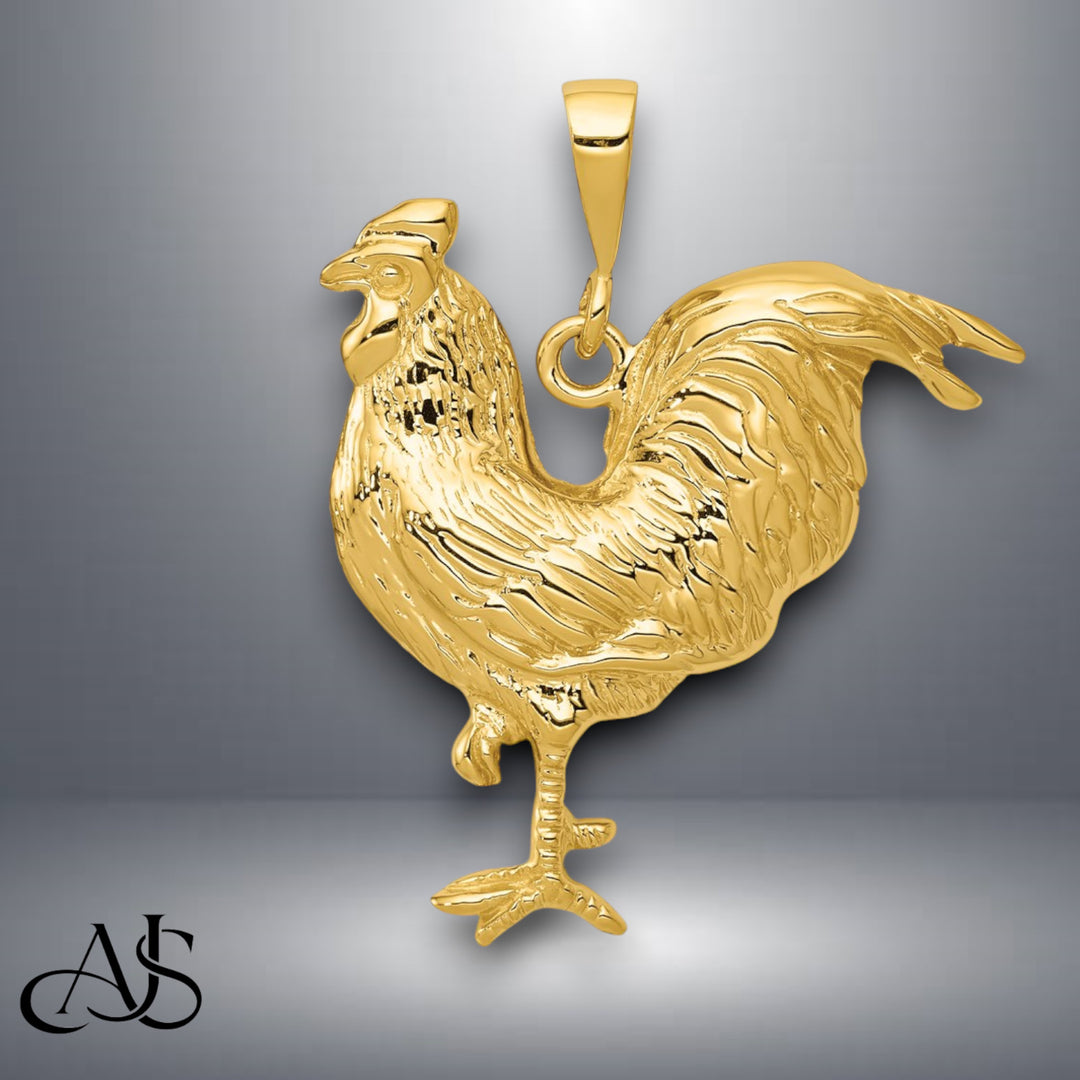 14K Yellow Gold Solid Polished Open-Backed Rooster Pendant with Necklace Chain Options